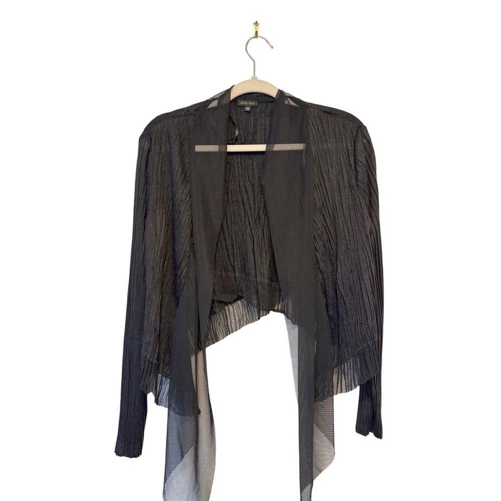Komarov‎ Black Pleated Mesh Open Front Shrug Cardigan Womens Made in USA Medium